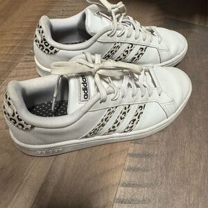 Adidas Women's White and Leopard Print Sneakers